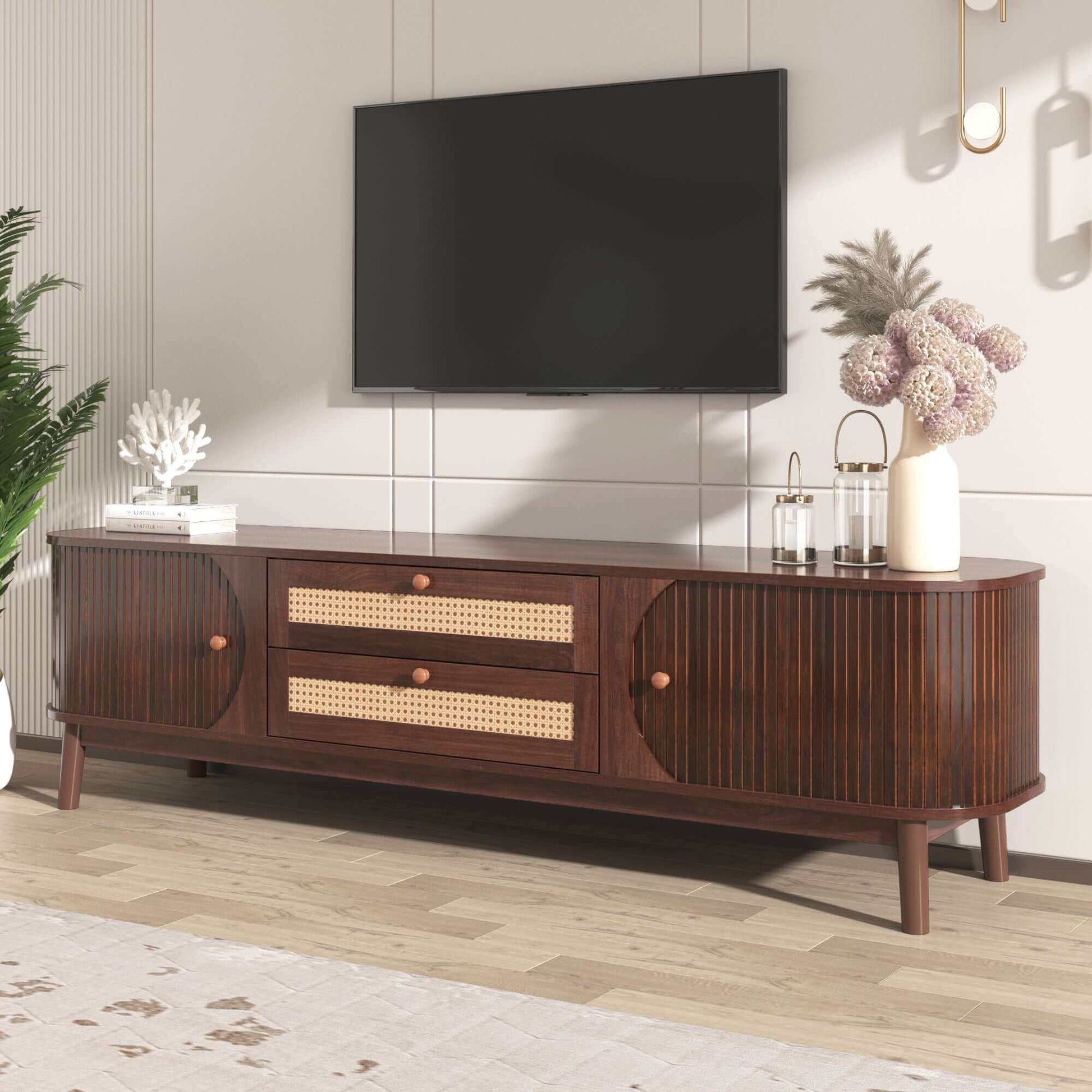 MCM Styled TV Stand Entertainment Center Solid Wood & MDF, Brown 67" - Revel Sofa 