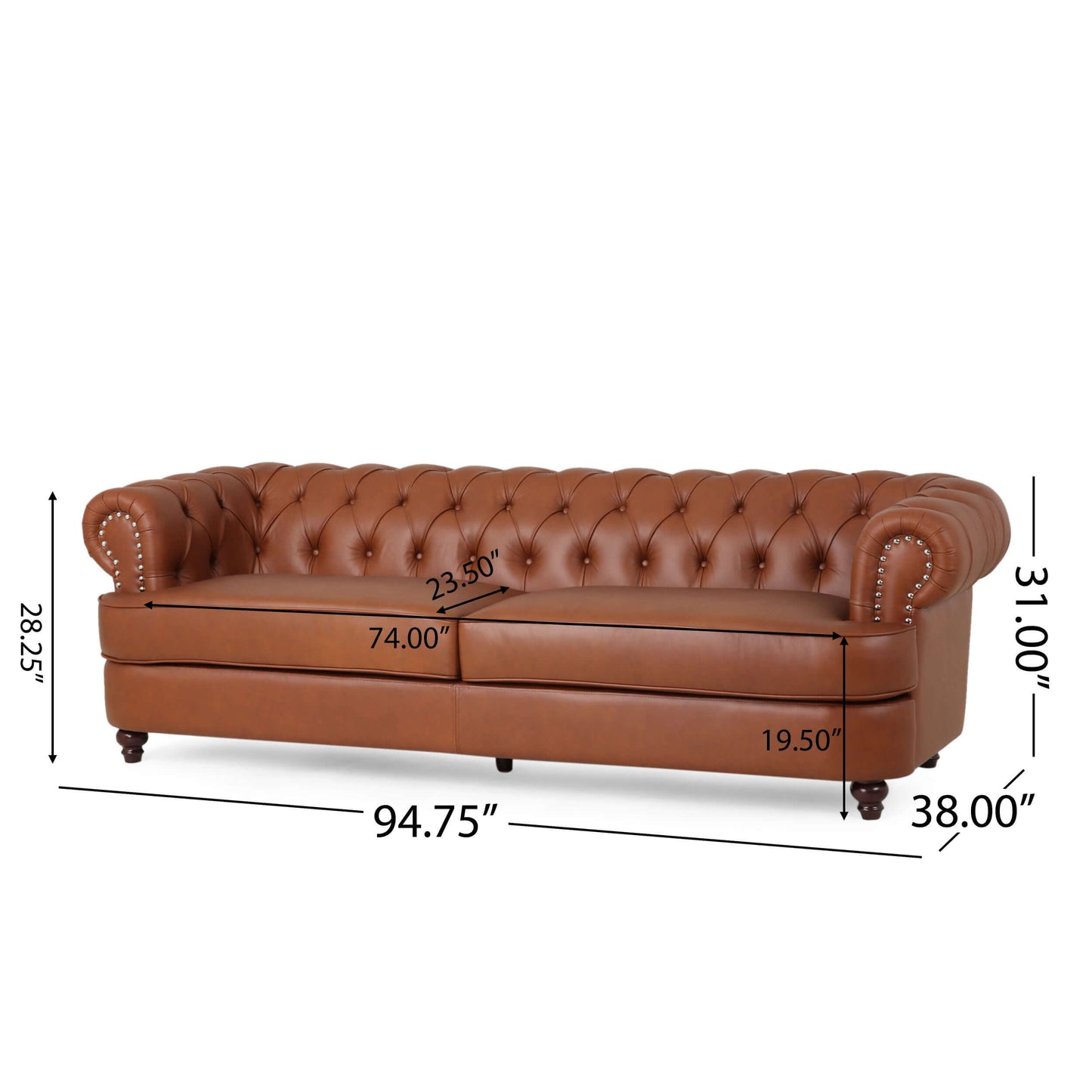 Chesterfield Tufted Rolled Armed Cognac Faux Leather Vinyl 2 Seat Sofa (95")