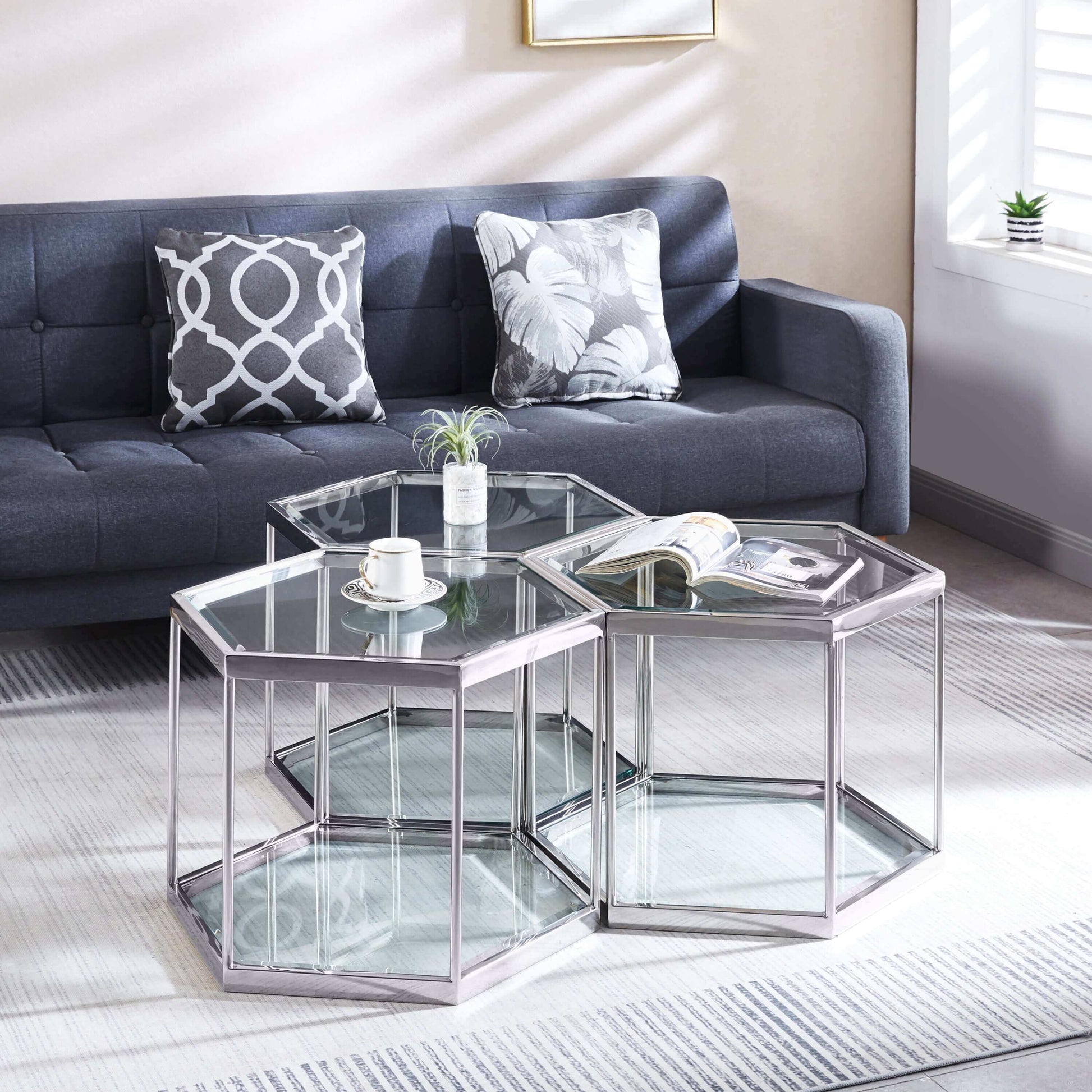 Modern Glass Hexagonal Coffee Table Stainless Steel Frame - Revel Sofa 