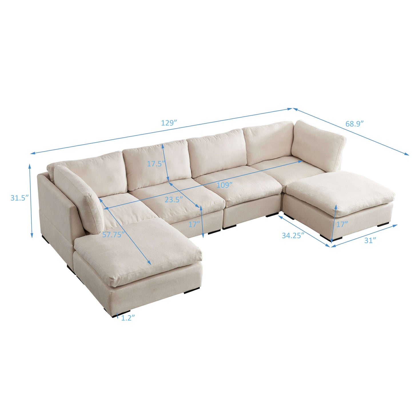 Modern Modular Cloud L Shape or Dual Chaise Sectional Sofa