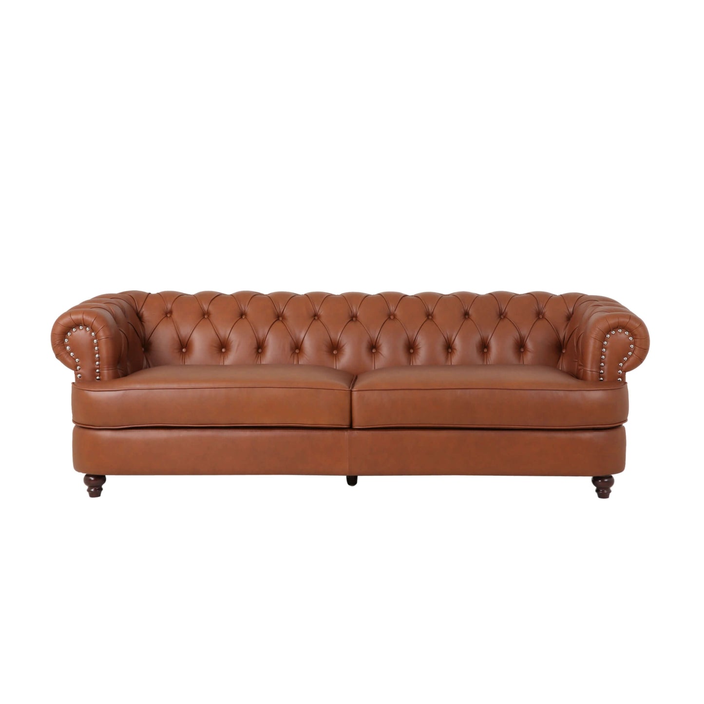 Chesterfield Tufted Rolled Armed Cognac Faux Leather Vinyl 2 Seat Sofa (95")