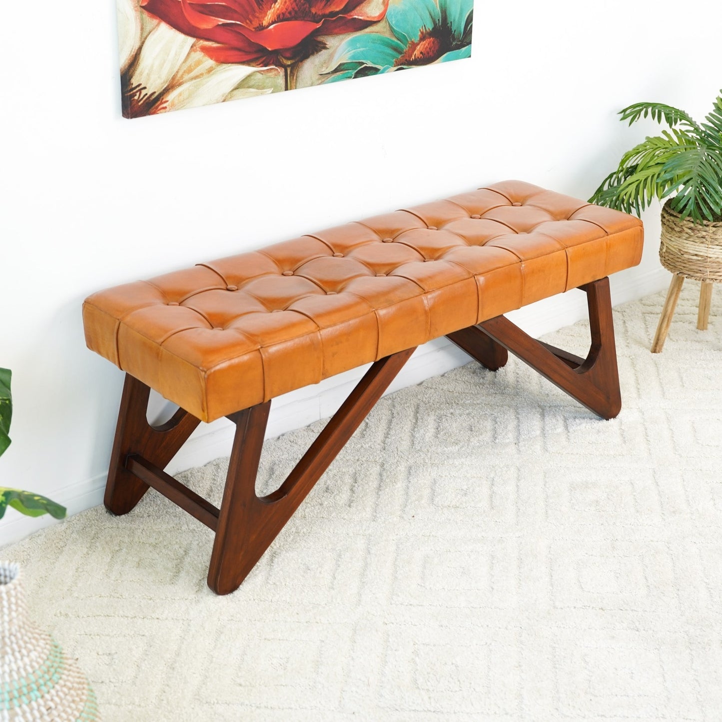 Mia Tufted Leather Wood Base Bench 47"