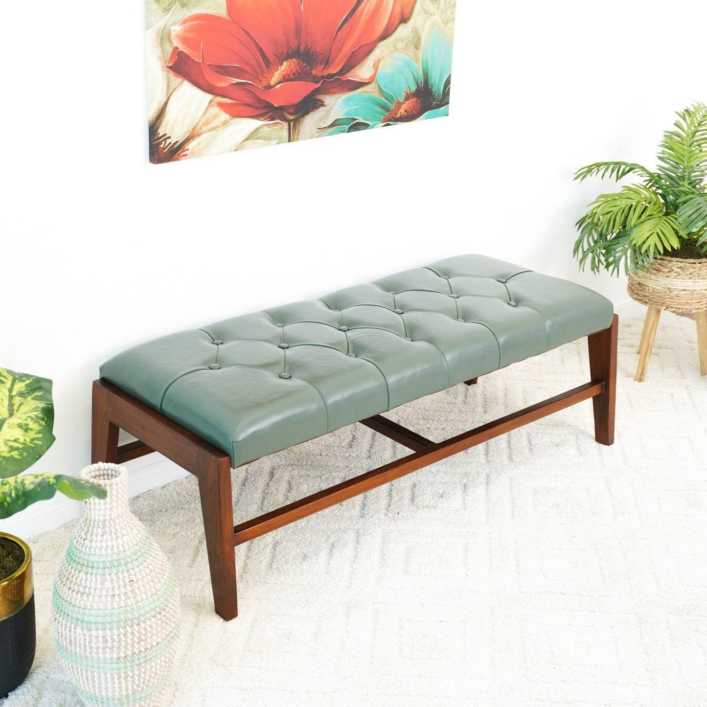 Hera MCM Tufted Green Leather Solid Wood Bench 49"