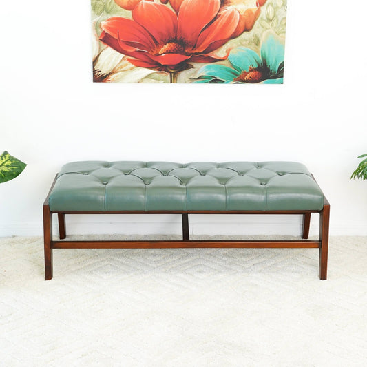 Hera MCM Tufted Green Leather Solid Wood Bench 49"