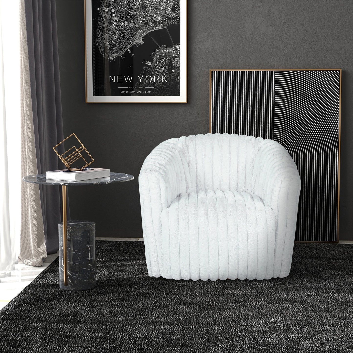 Mira Channel Tufted Velvet Swivel Lounge Chair in White or Gray