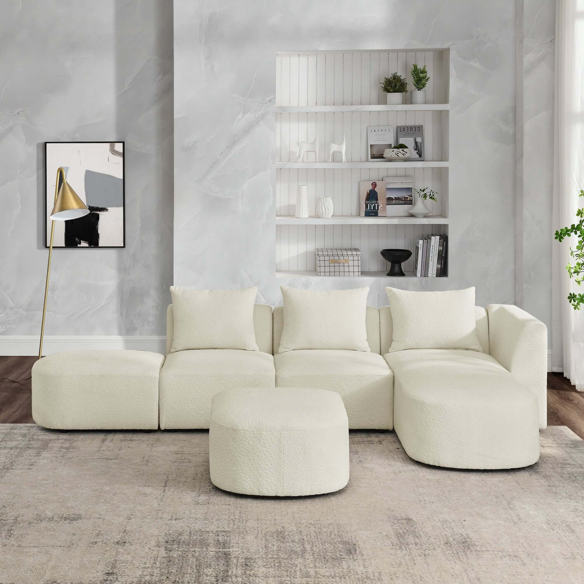 Modular Sectional Sofa with Chaise and Ottomans - Loop Yarn Boucle Fabric in Beige 113" - Revel Sofa 