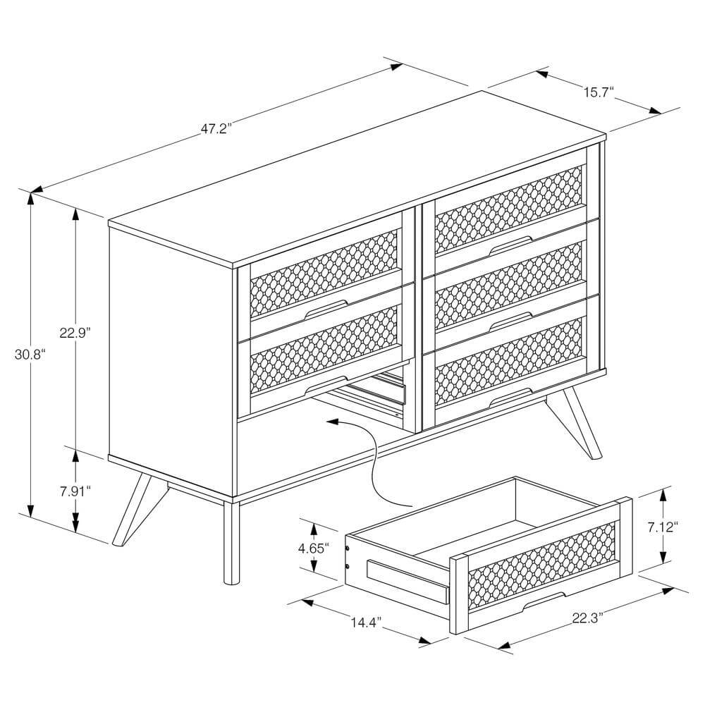 Barrett MCM Wood and Rattan 6 Drawer Dresser 47"