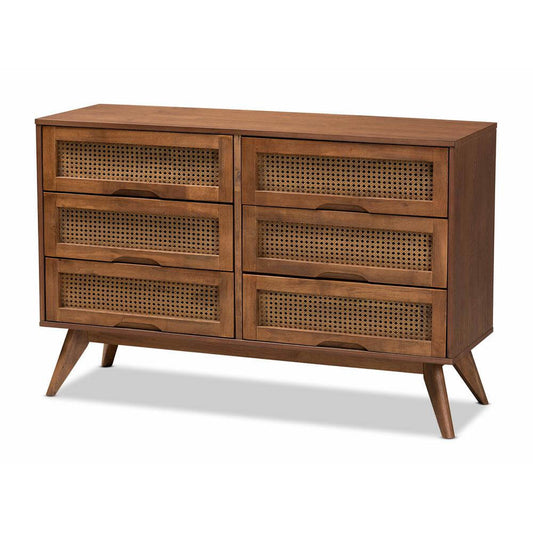 Barrett MCM Walnut Wood and Rattan 6 Drawer Dresser 47"