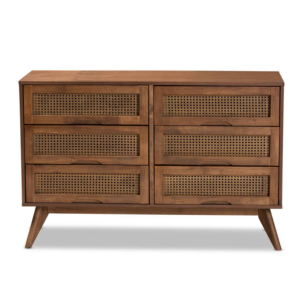 Barrett MCM Wood and Rattan 6 Drawer Dresser 47"