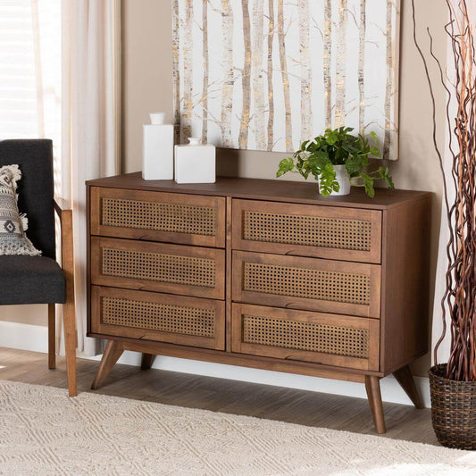 Barrett MCM Walnut Wood and Rattan 6 Drawer Dresser 47"