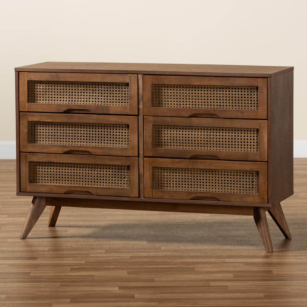 Barrett MCM Wood and Rattan 6 Drawer Dresser 47"