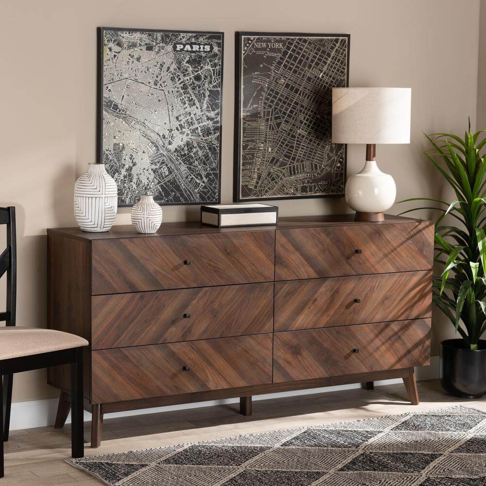 Hartman MCM Wood 6 Drawer Dresser in Walnut Brown 63"