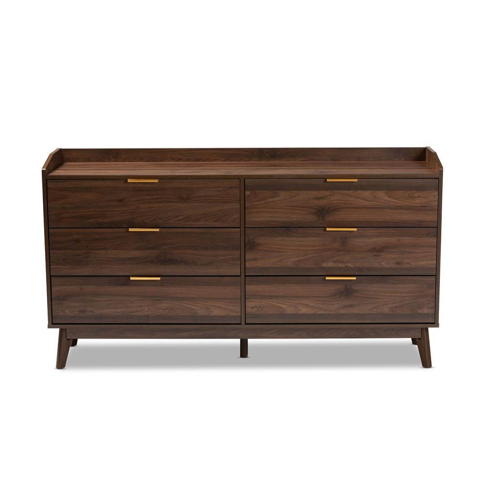 Lena MCM Wood 6 Drawer Dresser in Walnut Finish 62"