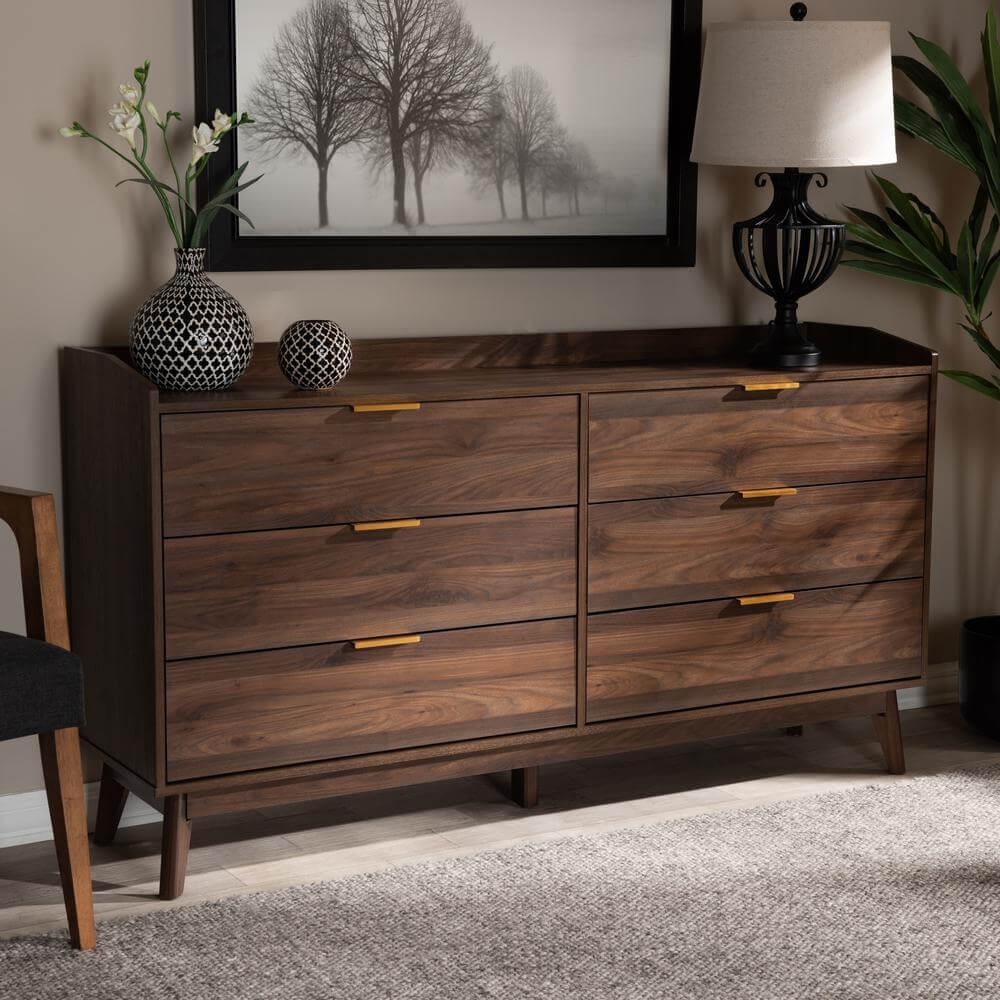 Lena MCM Wood 6 Drawer Dresser in Walnut Finish 62"