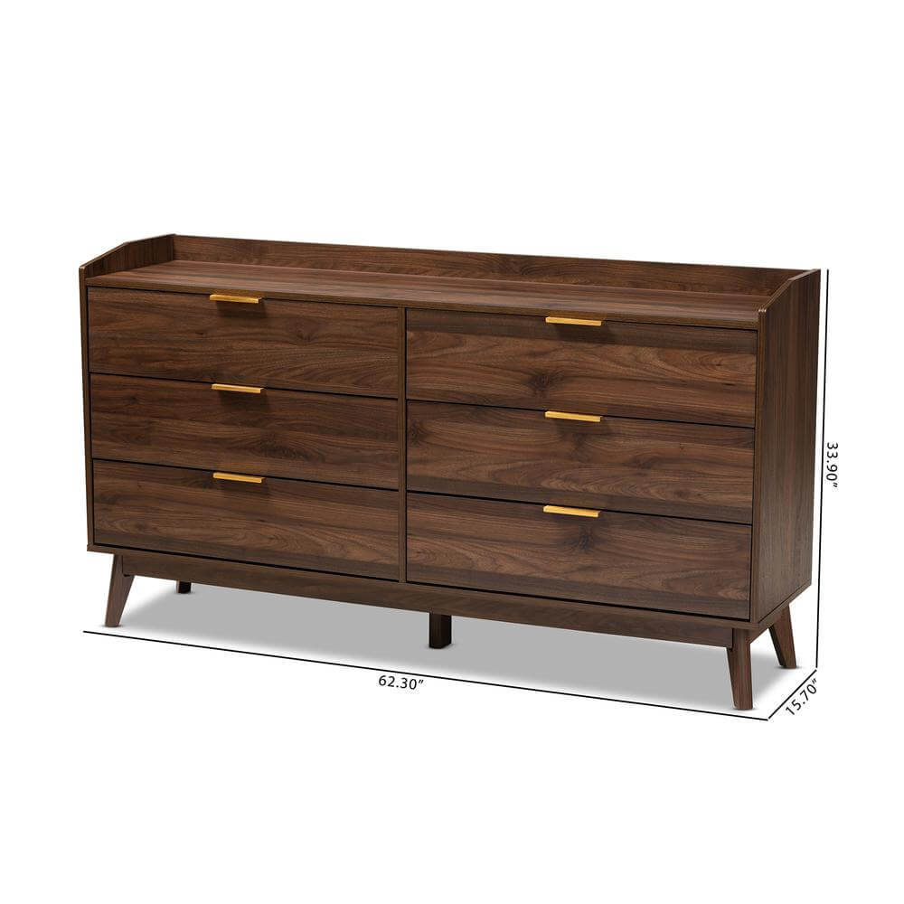 Lena MCM Wood 6 Drawer Dresser in Walnut Finish 62"