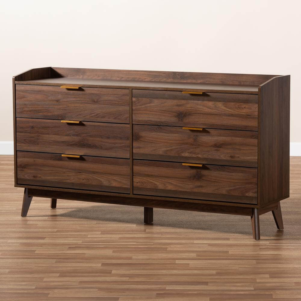 Lena MCM Wood 6 Drawer Dresser in Walnut Finish 62"