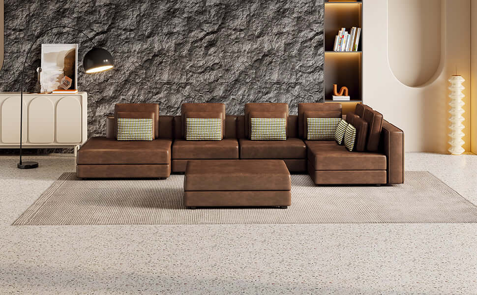 Modular Corner Sectional Sofa with Movable Ottoman in Brown or Black (113")