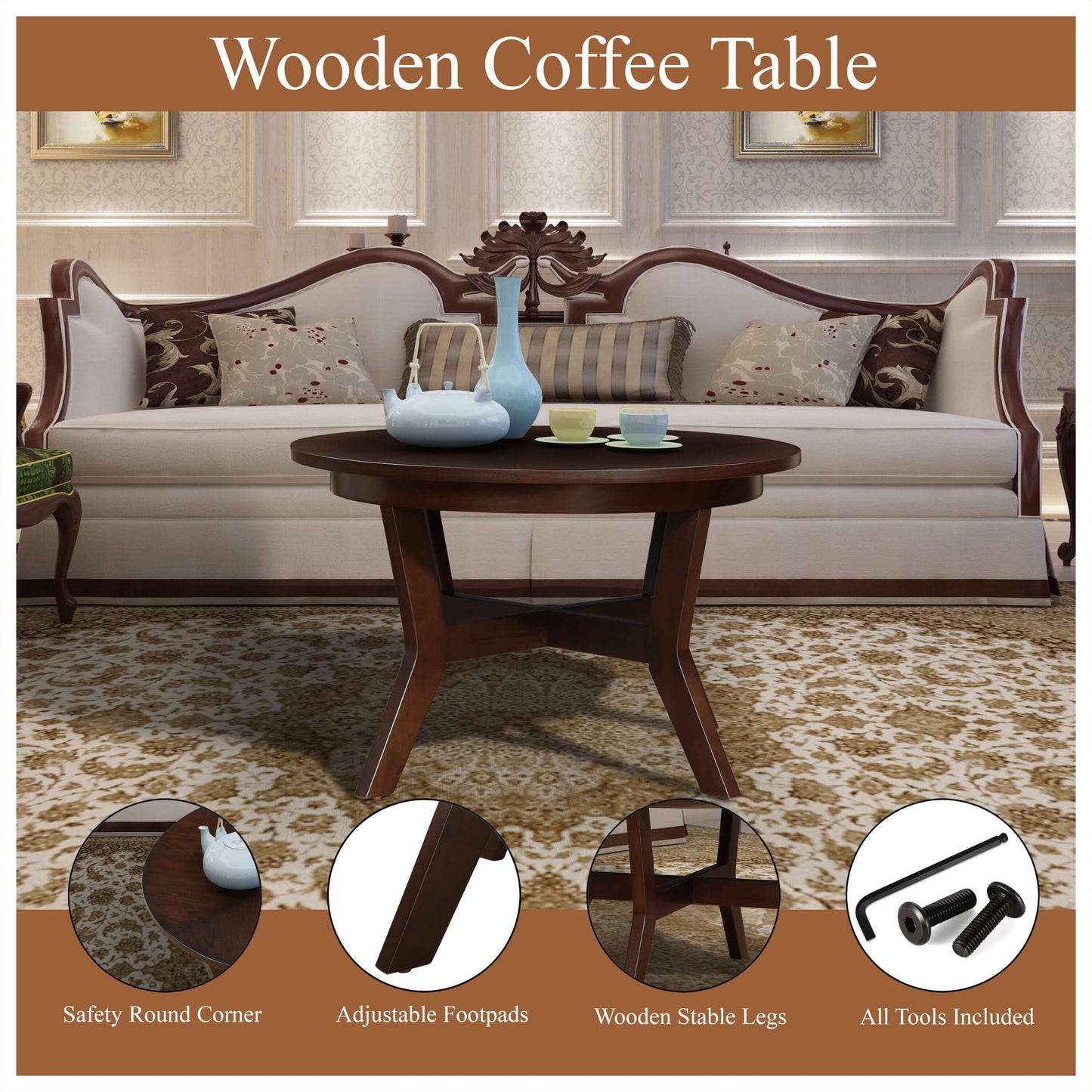 Wood Round Coffee Accent Table (32")