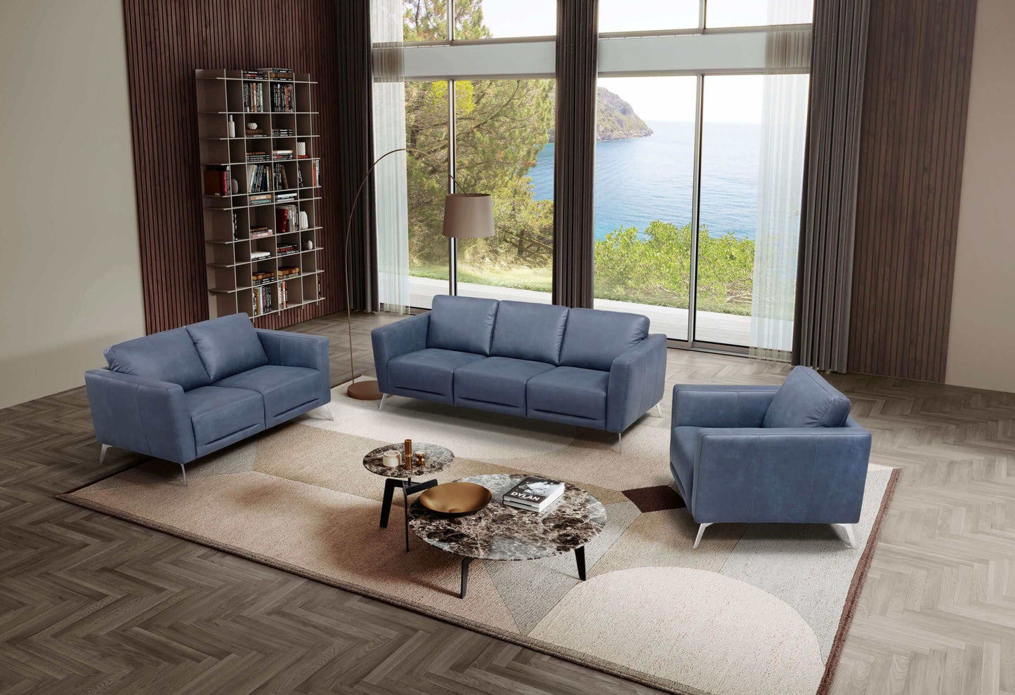 Astonic Contemporary Italian Leather 3 Seat Sofa, Blue 85" - Revel Sofa 