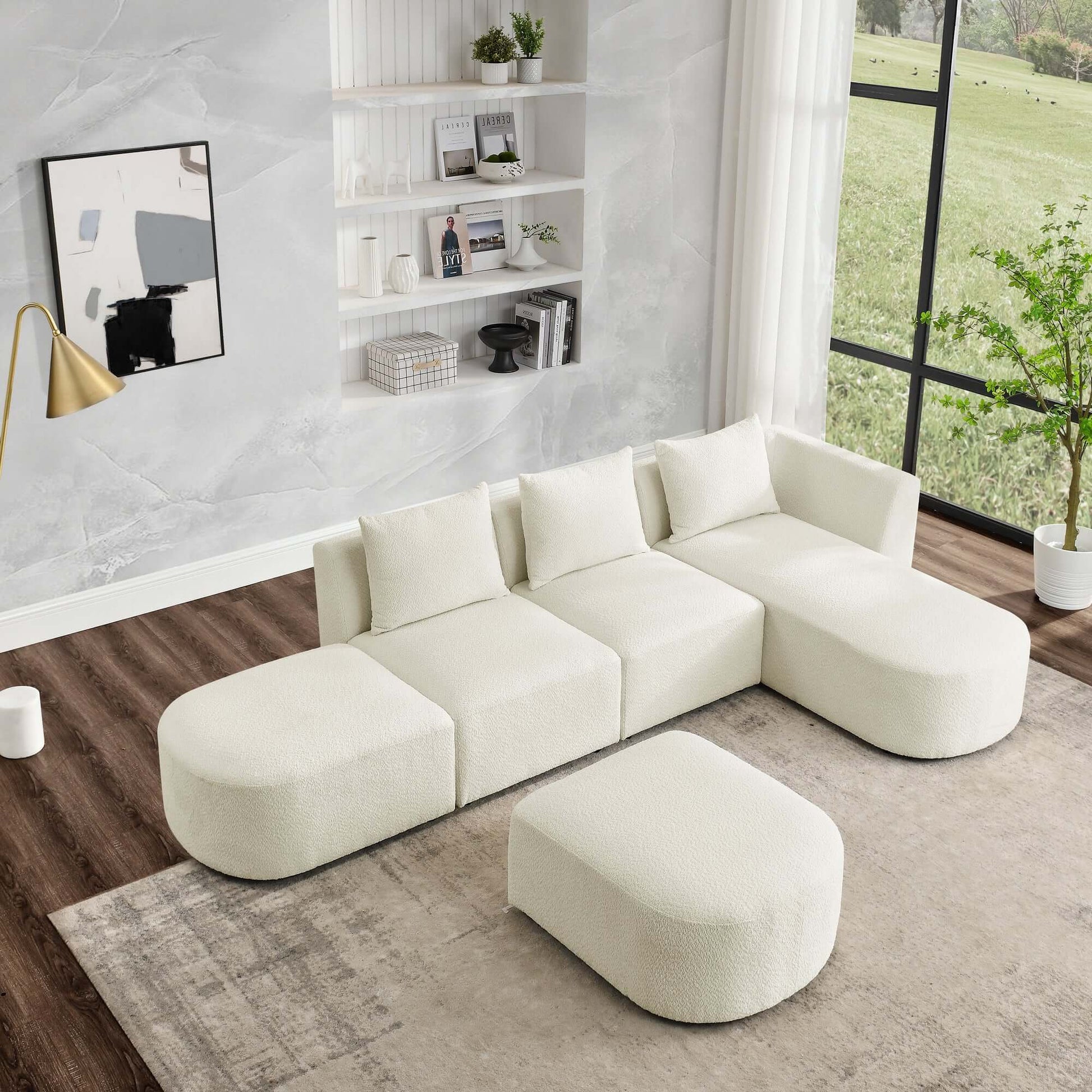 Modular Sectional Sofa with Chaise and Ottomans - Loop Yarn Boucle Fabric in Beige 113" - Revel Sofa 