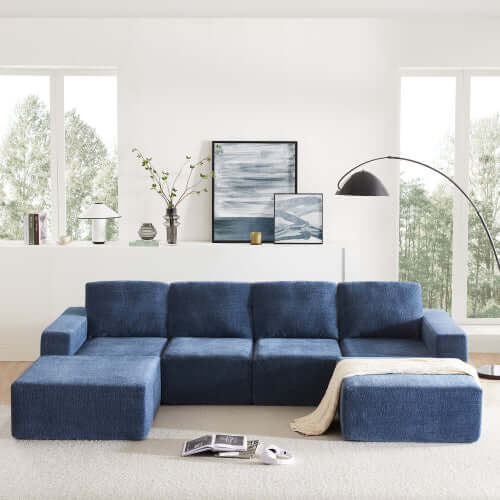 Modular U Shape Dual Chaise Chenille Fabric Sectional Sofa in blue displayed in a modern living room with minimalist decor.