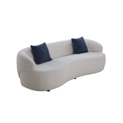 Modern Curved Boucle Fabric 3 Seat Sofa in white with dark cushions, 86 inches, for a sophisticated and comfortable living space upgrade