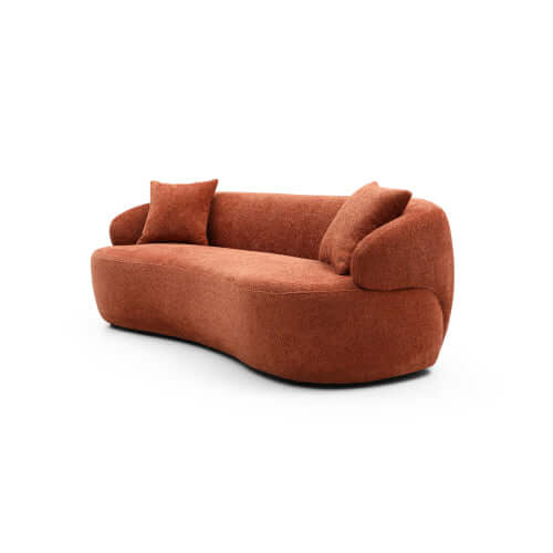 Modern curved boucle fabric 3 seat sofa in rust color with plush cushions and thickened seat.