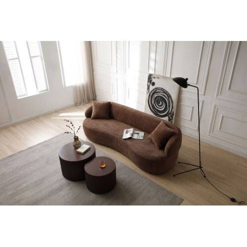 Modern Curved Boucle Fabric 3 Seat Sofa in Living Room with Coffee Tables and Floor Lamp