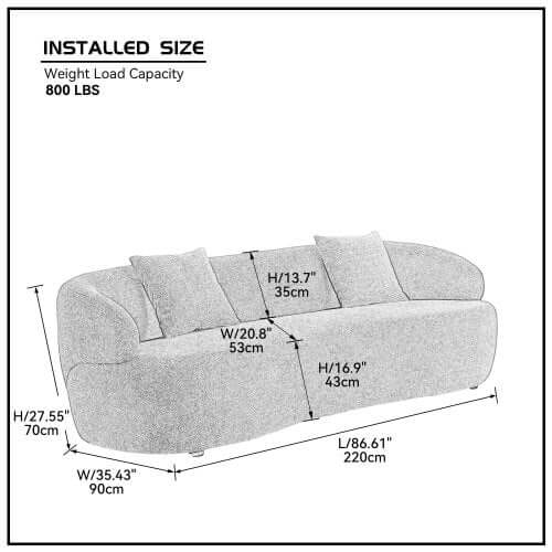 Dimensions and specifications of the Modern Curved Boucle Fabric 3 Seat Sofa 86" with 800 lbs weight load capacity.