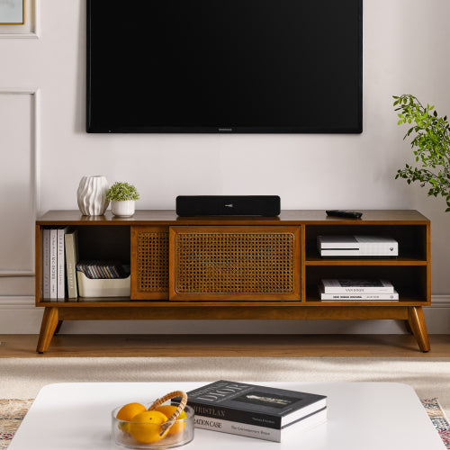 MCM Styled Wood TV Stand Rattan Cabinet Doors (59")