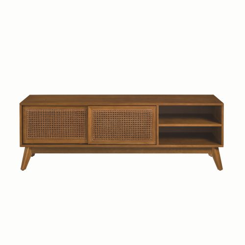 MCM Wood Media Console TV Stand Rattan Sliding Doors 59"