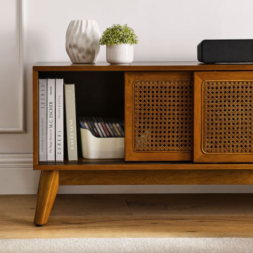 MCM Wood Media Console TV Stand Rattan Sliding Doors 59"