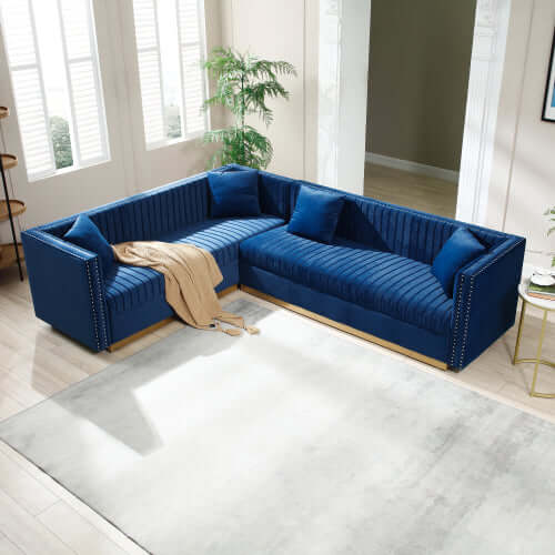 Glamorous Channel Tufted Velvet Square Arm Corner Sectional Sofa