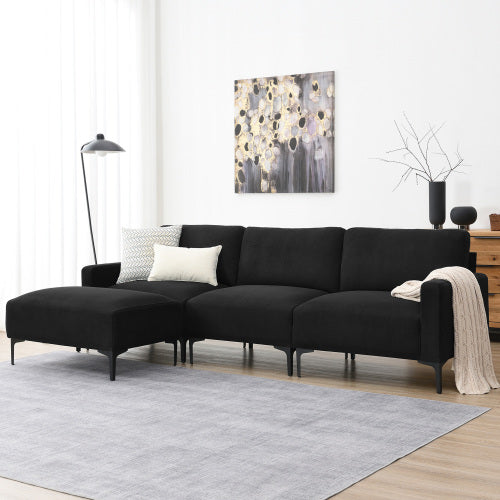 Modern L-shaped Velvet Upholstery Sectional Sofa with Ottoman, Gray or Black 104"