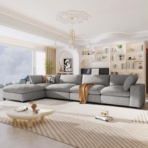 Large Modular 5 Seat Sectional Cloud Sofa with Ottoman, Beige or Gray (176")