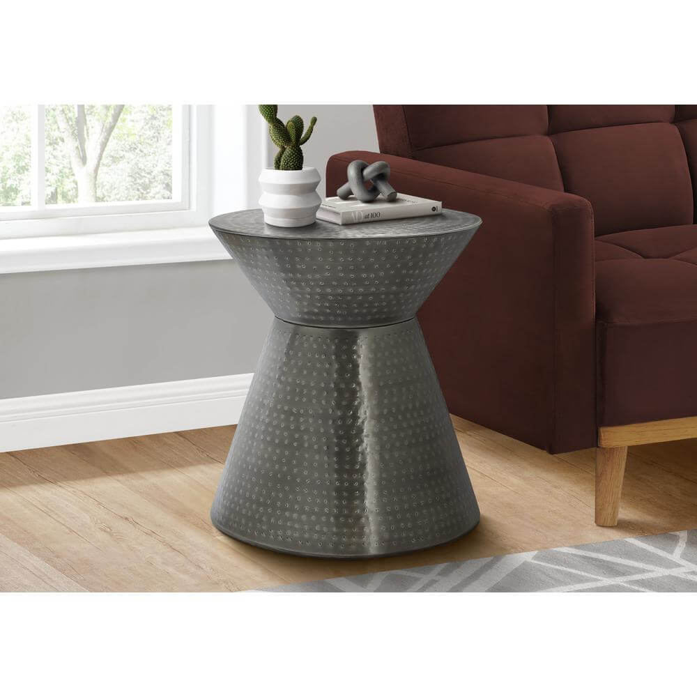 Hammered Metal Hourglass Drum Accent End Table (3 Colors)