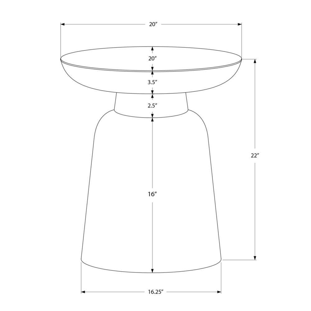 Dimension diagram of Hammered Metal Round Drum Accent End Table, 20" top diameter, 22" height, 16.25" base width