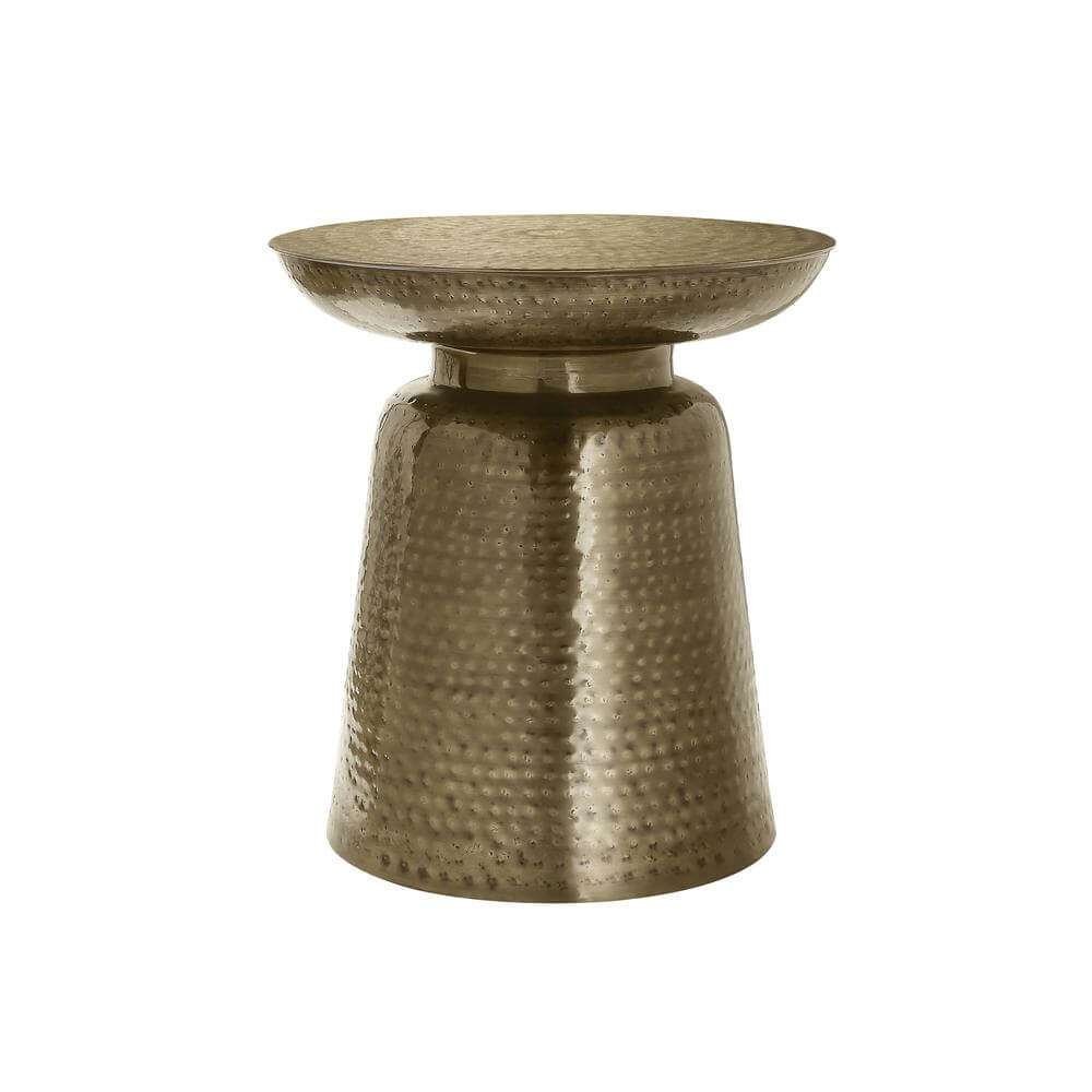 Hammered Metal Round Drum Accent End Table with Bell-Shaped Base in Gold Finish