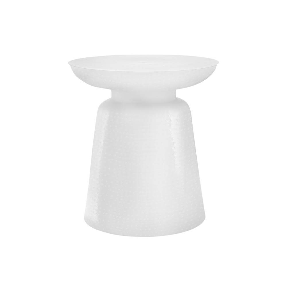 Hammered Metal Round Drum Accent End Table in white, featuring a distinctive hammered pattern and bell-shaped base, perfect for a stylish room.