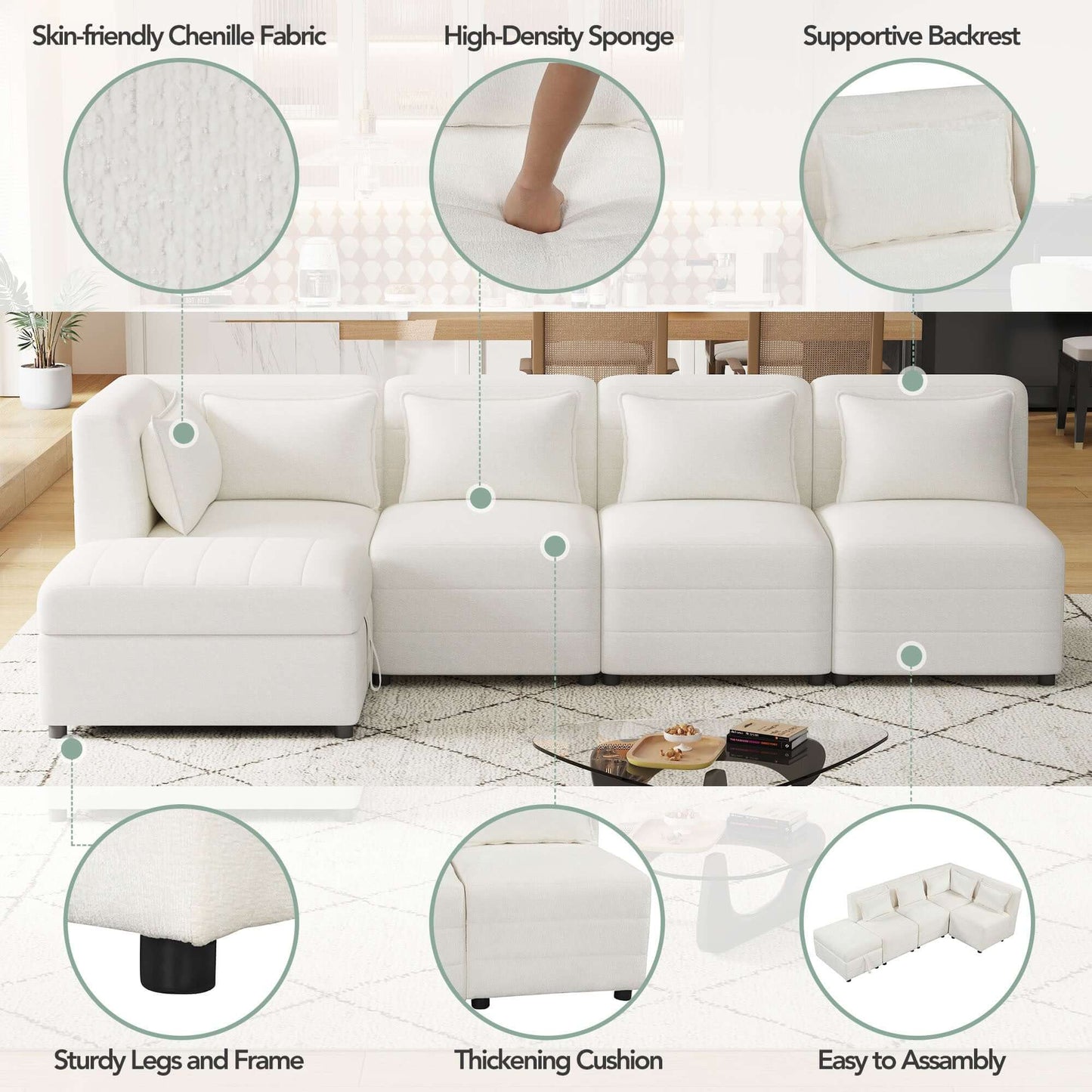 Modular 5pc Sectional Sofa with Storage Ottoman & 5 Throw Pillows - Revel Sofa 