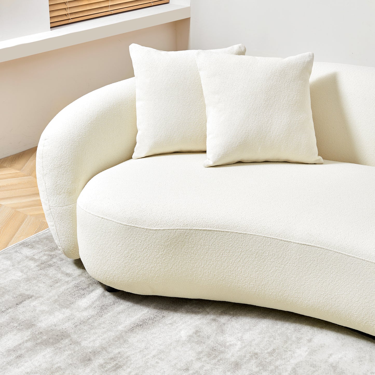 Modern Curved Sofa Upholstered White Teddy Fabric 101"