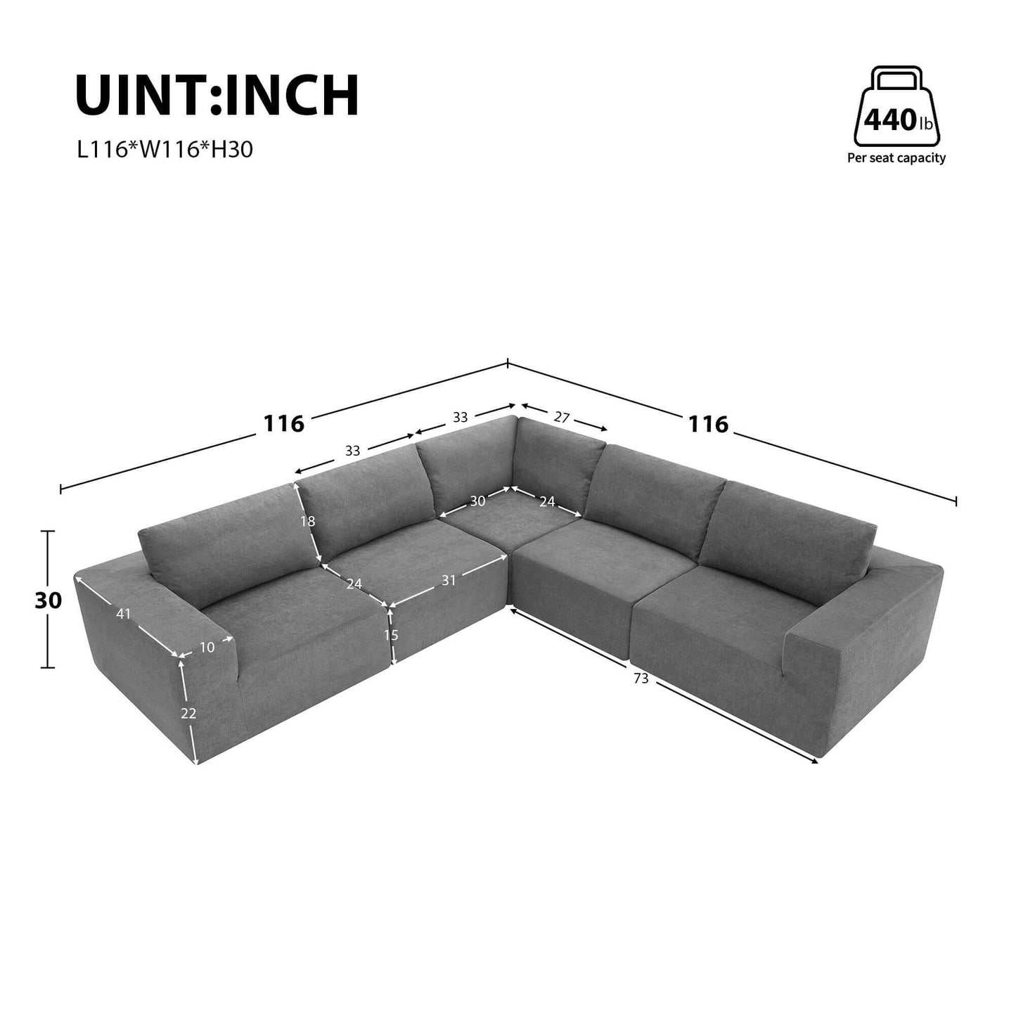 Modern Modular Low Profile Square Arm Corner Sectional Sofa (116")