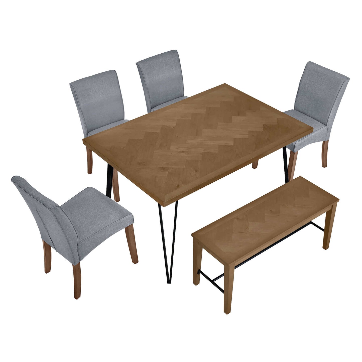 Modern Wood Dining Table Set 6 Pc: Table + 4 Upholstered Chairs + 1 Bench - Revel Sofa 