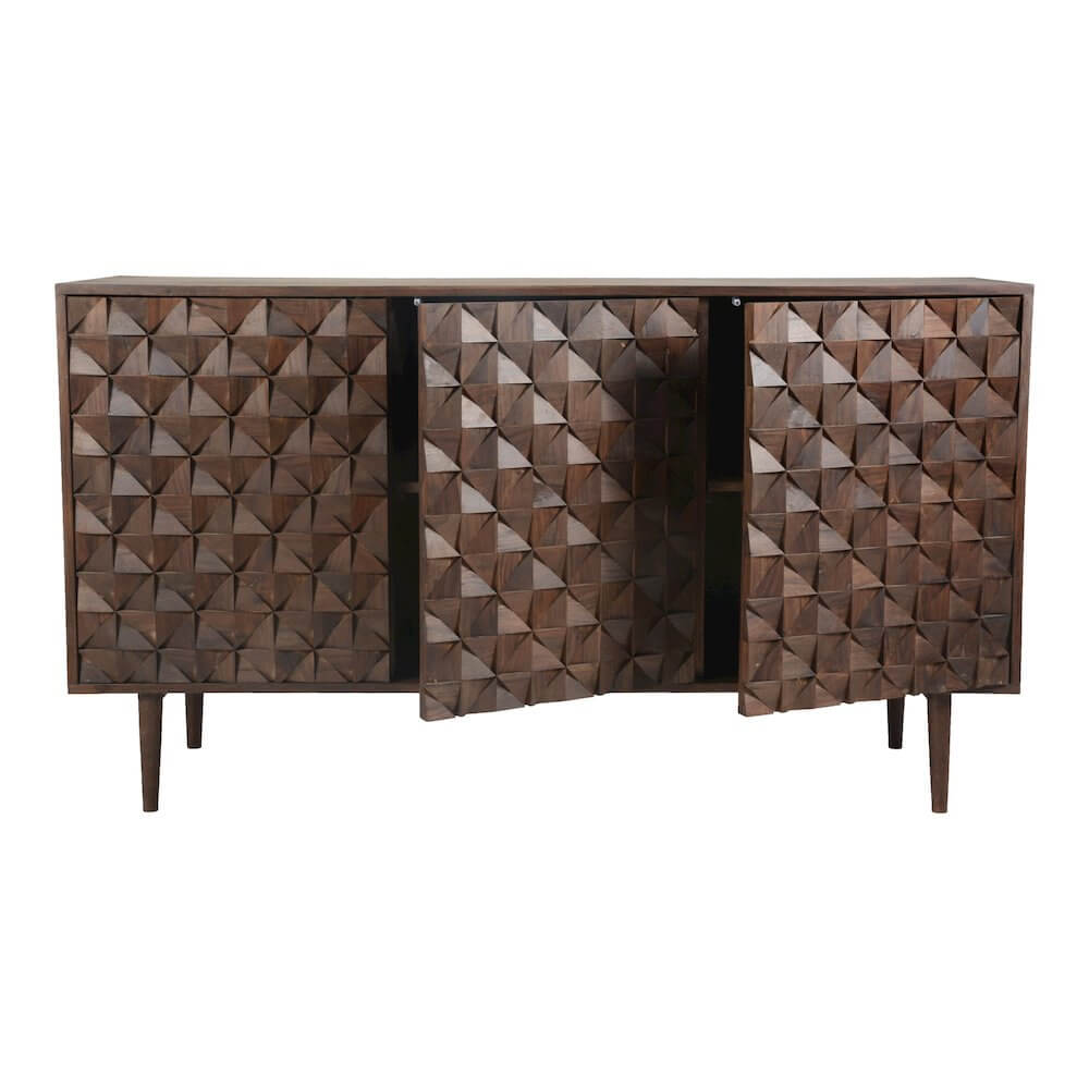 Pablo MCM Solid Wood Sideboard Storage Cabinet 3 Door Dark Brown 58 Inch Mid-Century Modern