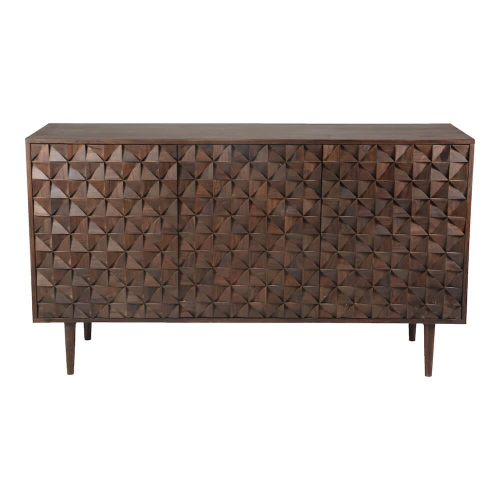 Pablo MCM Solid Wood Sideboard Storage Cabinet Dark Brown 58" with intricate engraved doors and mid-century modern design.