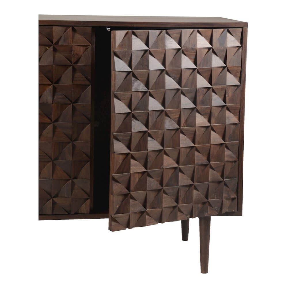 Pablo MCM solid wood sideboard storage cabinet in dark brown with intricately engraved doors.