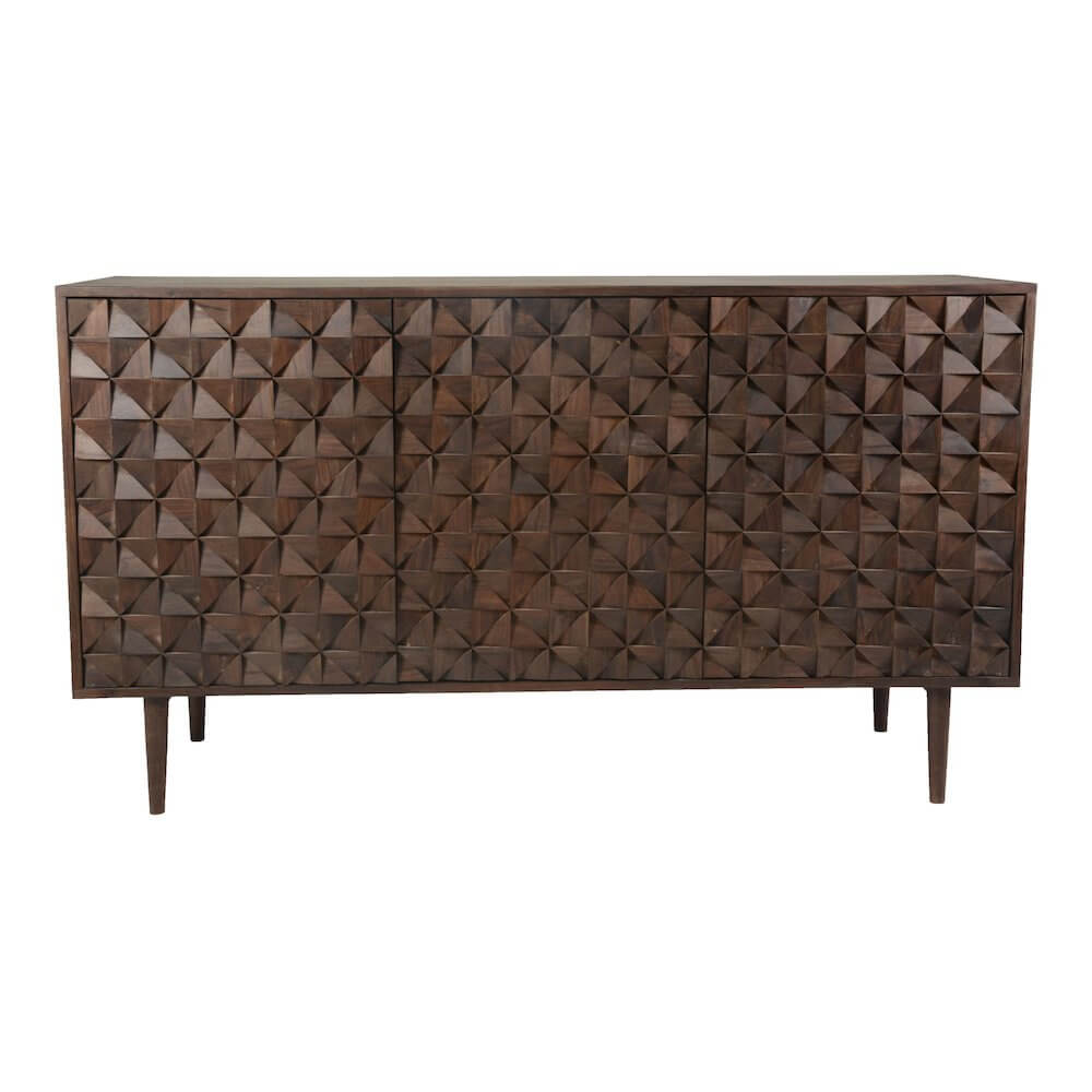 Pablo MCM Solid Wood Sideboard Storage Cabinet in Dark Brown with Intricate Engraving - 58"