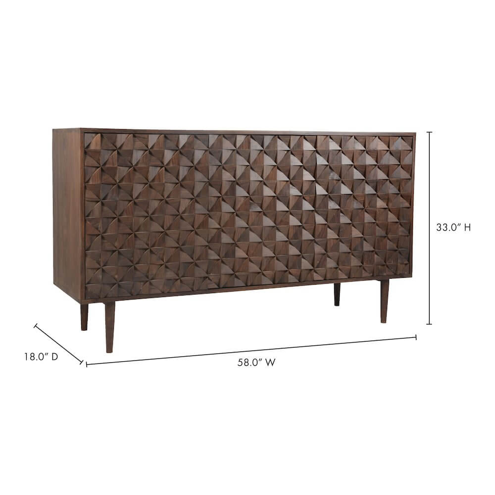 Pablo MCM Solid Wood Sideboard Storage Cabinet in Dark Brown, 58 inches wide with intricate engraved cabinet doors and mid-century modern design