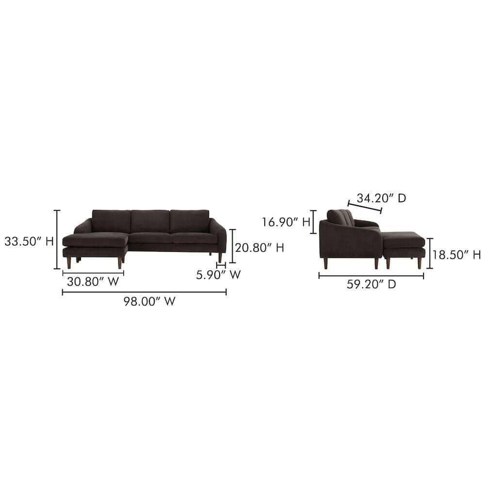 Quinn MCM Reversible Chaise Fabric Sectional Sofa 98" (2 Colors)