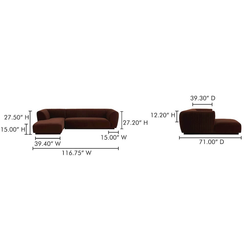 Zandro Channel Tufted Fabric Sectional Chaise Sofa 117" (2 Colors)